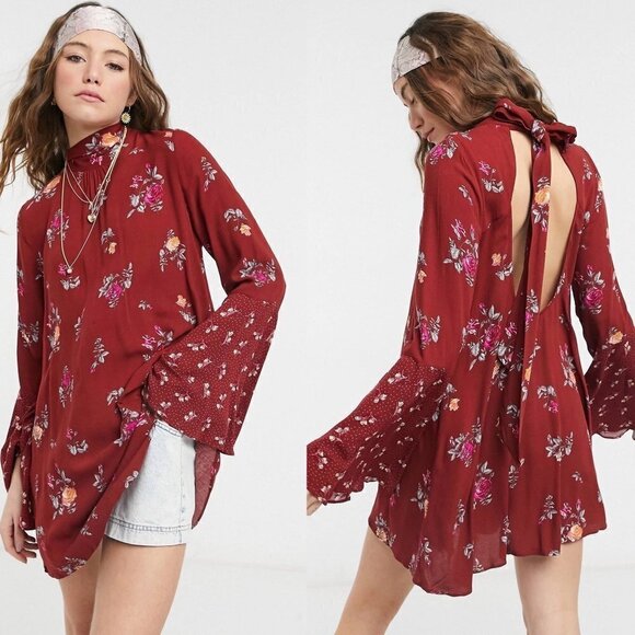 Free People Women's NWT Brick Red Floral Bell Sleeve Tate Printed Tunic XS - Picture 1 of 12